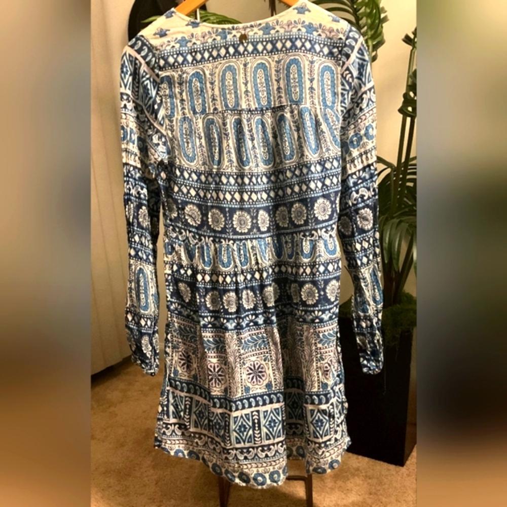 Billabong Pretty Boho Long Sleeve Mini Dress In Blue & White*Sale - Picture 4 of 4